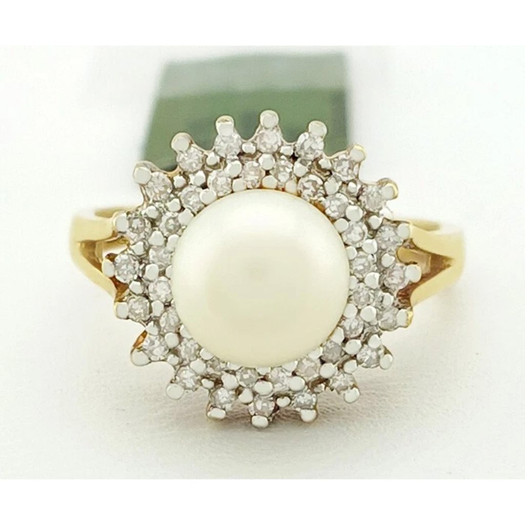 Natural 7 Mm Cultured Pearl  1 Ct Diamonds Ring 14k Gold